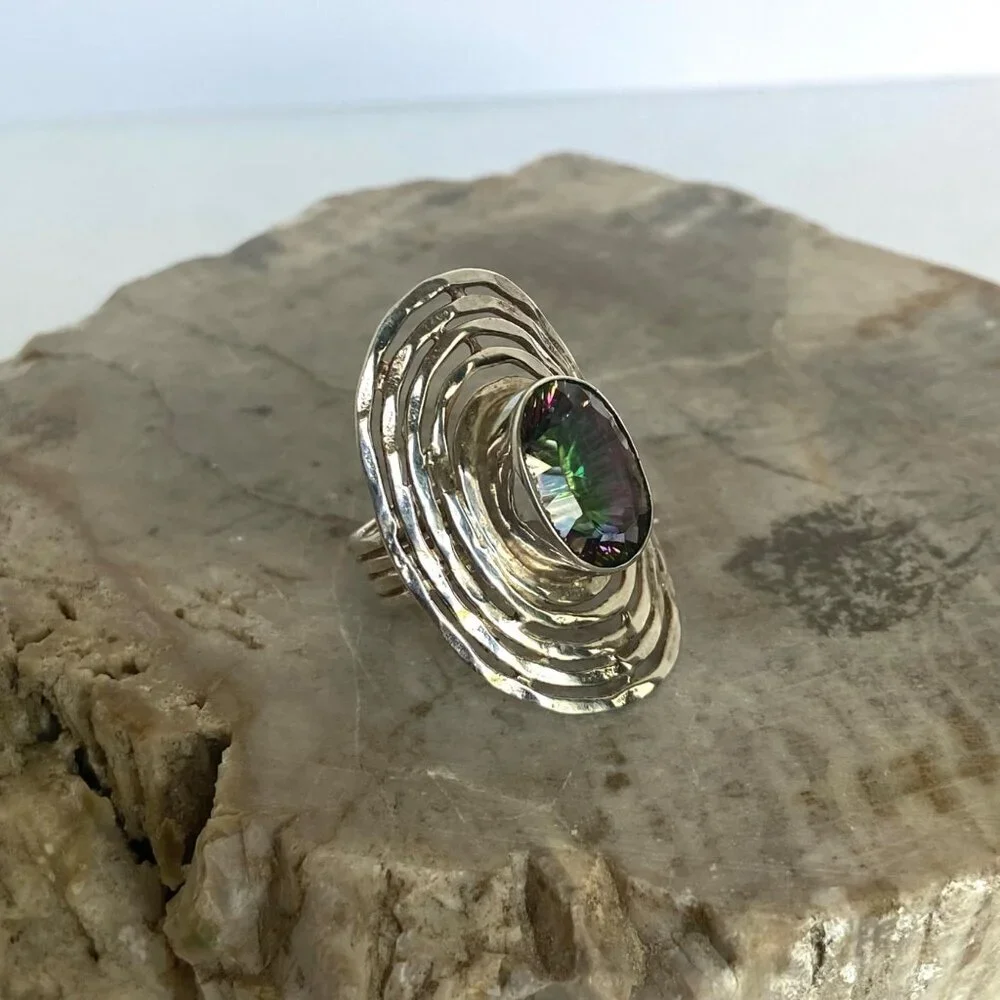 Sterling Silver 925 India Large Bezel Set Oval Mystic Quartz Statement Ring 5.5